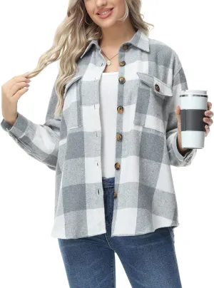 MCEDAR Women's Oversizes Plaid Shacket Jacket Casual Lapel Long Sleeve Button Down Plus Size Flannel Shirt (S-4X)