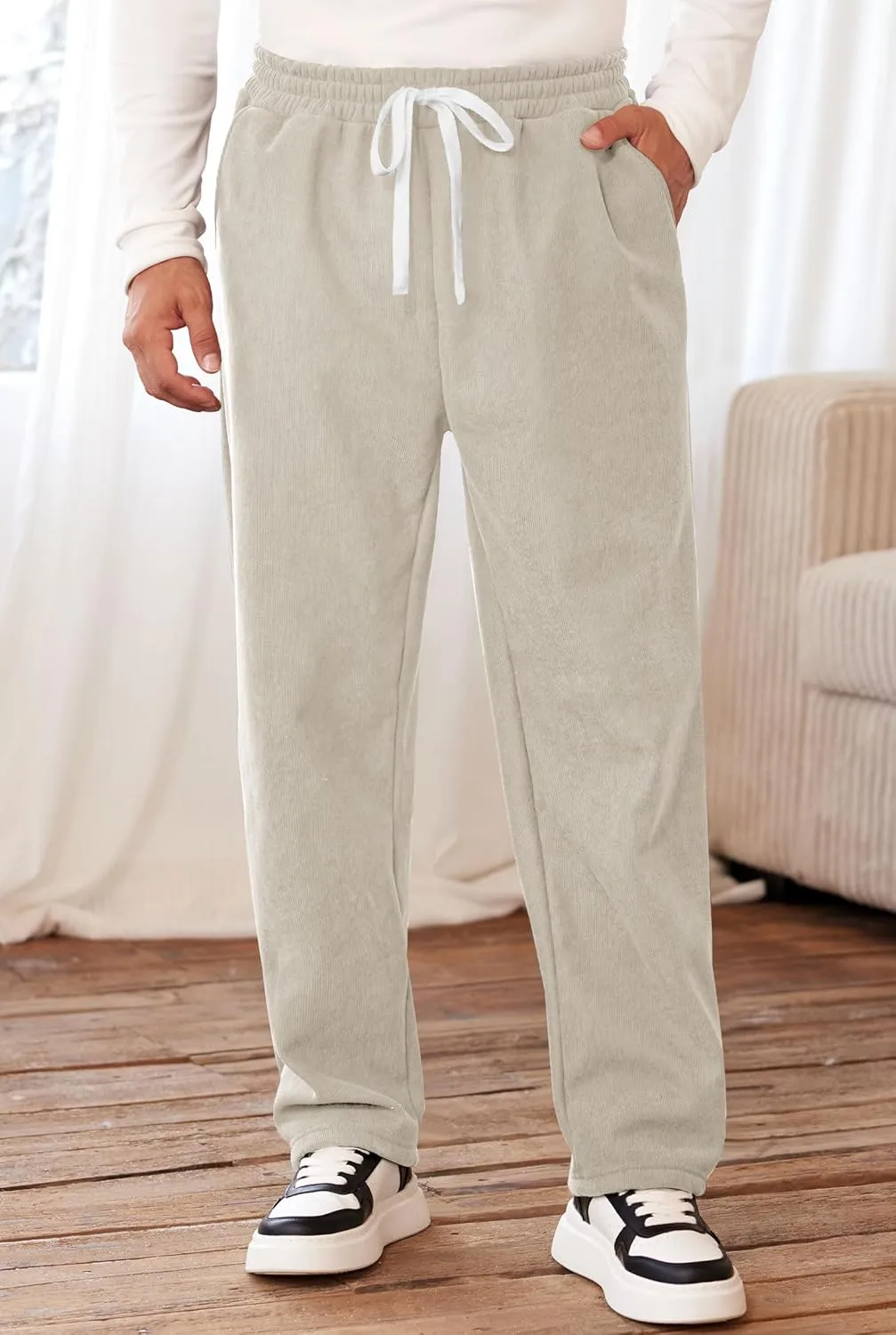 Men's Corduroy Sweatpants Casual Sherpa Lined Drawstring Warm Pant with Pockets (S-2XL)