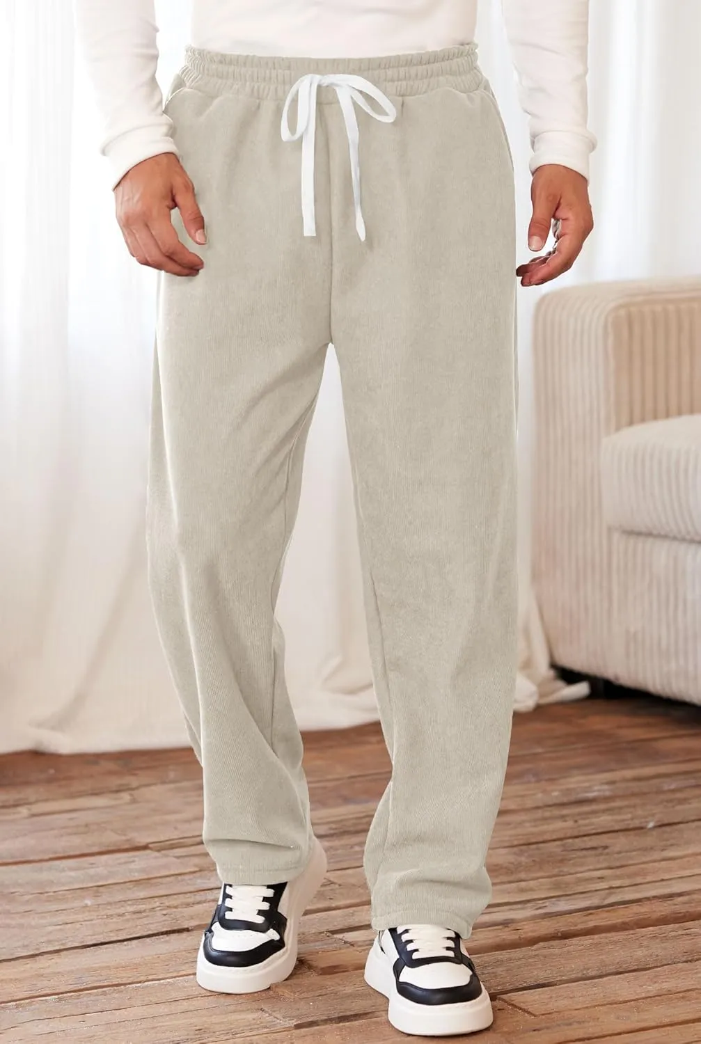 Men's Corduroy Sweatpants Casual Sherpa Lined Drawstring Warm Pant with Pockets (S-2XL)