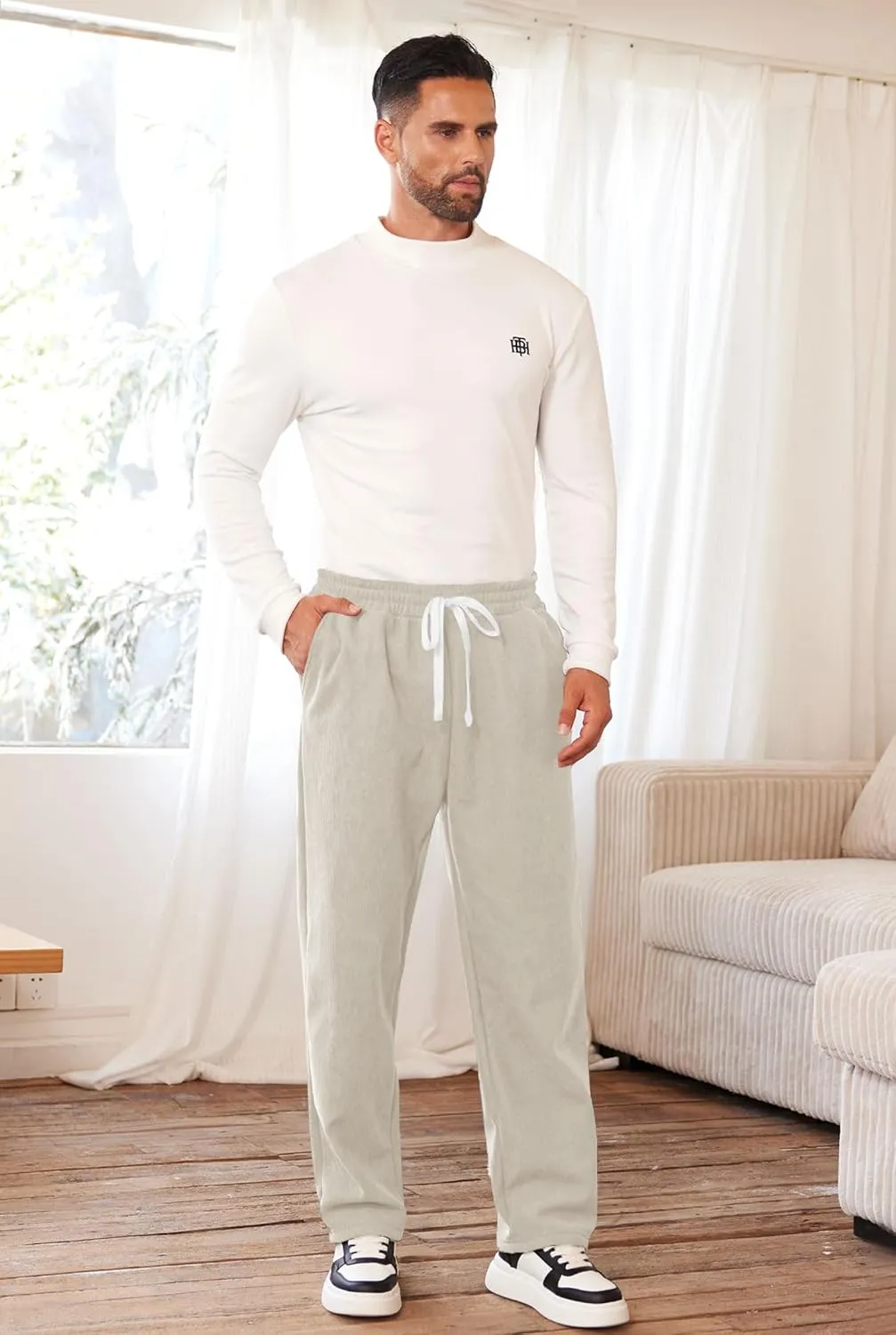 Men's Corduroy Sweatpants Casual Sherpa Lined Drawstring Warm Pant with Pockets (S-2XL)
