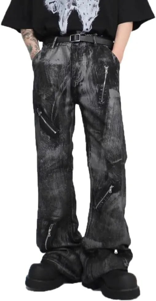 Mens Jeans Straight Leg Relaxed Fit Washed Fashion Y2K Hip Hop Streetwear Denim Pants