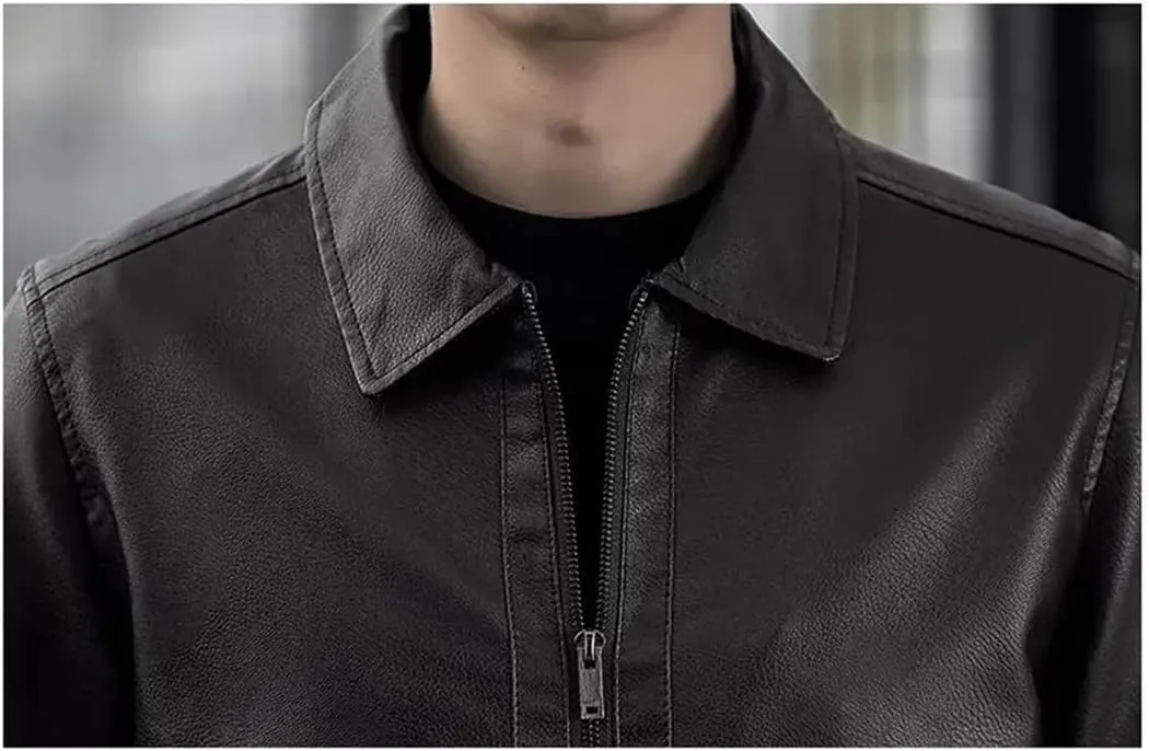 Men's Stand Collar Slim Leather Jacket Fashion Moto Biker Windproof Causal Leather Coat