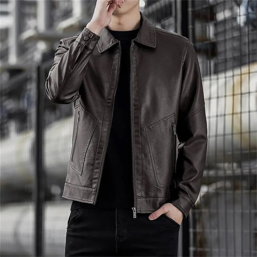 Men's Stand Collar Slim Leather Jacket Fashion Moto Biker Windproof Causal Leather Coat