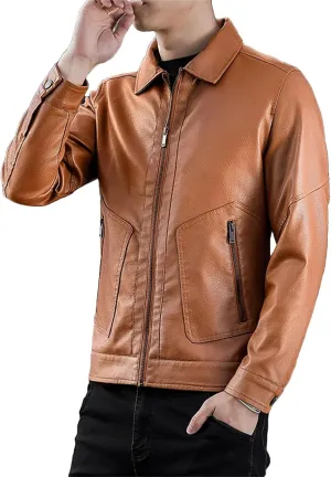 Men's Stand Collar Slim Leather Jacket Fashion Moto Biker Windproof Causal Leather Coat