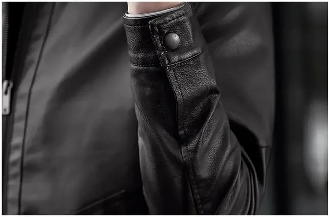 Men's Stand Collar Slim Leather Jacket Fashion Moto Biker Windproof Causal Leather Coat