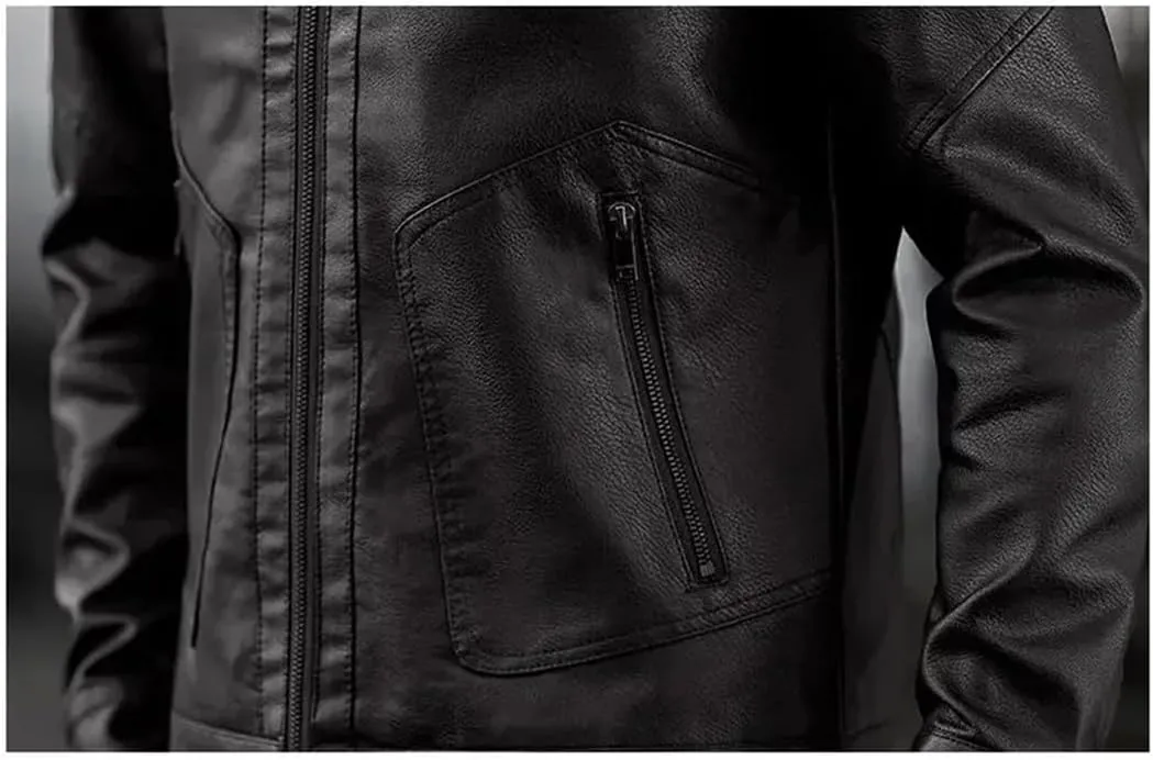 Men's Stand Collar Slim Leather Jacket Fashion Moto Biker Windproof Causal Leather Coat