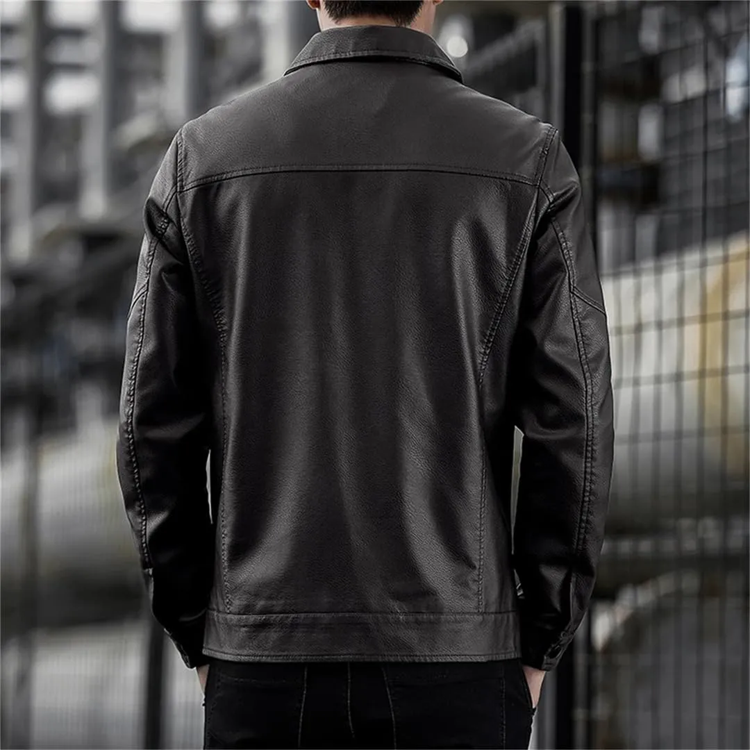 Men's Stand Collar Slim Leather Jacket Fashion Moto Biker Windproof Causal Leather Coat