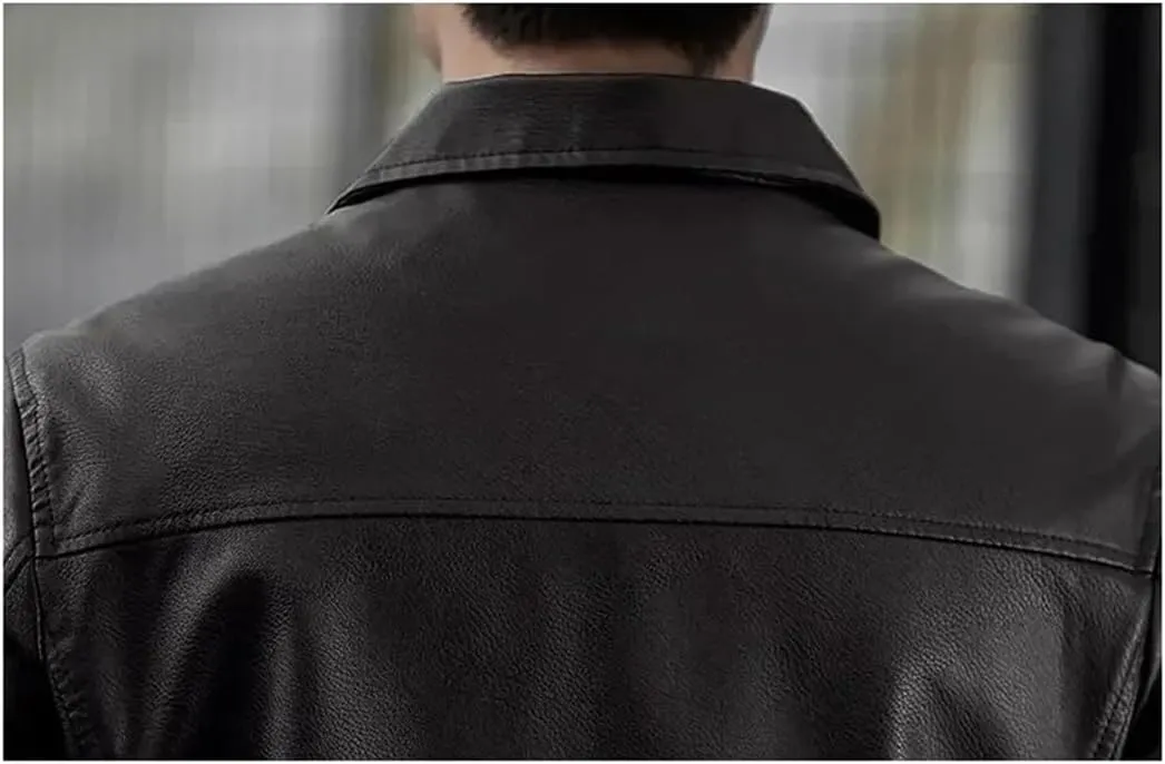 Men's Stand Collar Slim Leather Jacket Fashion Moto Biker Windproof Causal Leather Coat
