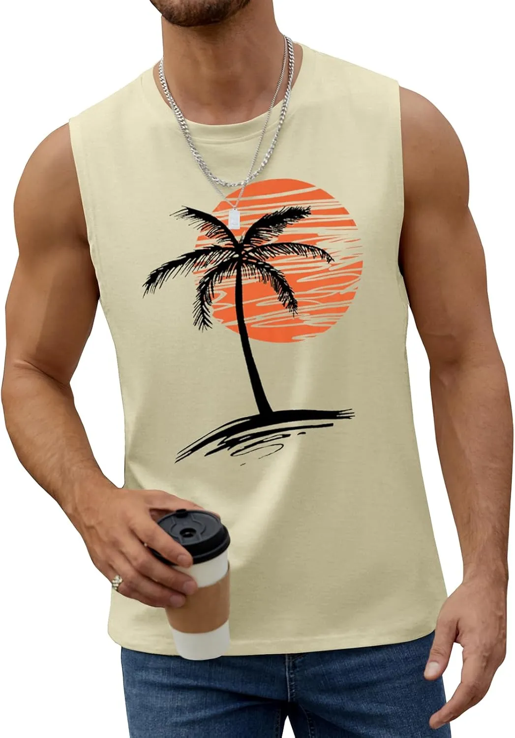 Mens Summer Beach Tank Top Tropical Hawaiian Palm Tree Print Sleeveless Shirts Muscle Tee Vacation Shirts