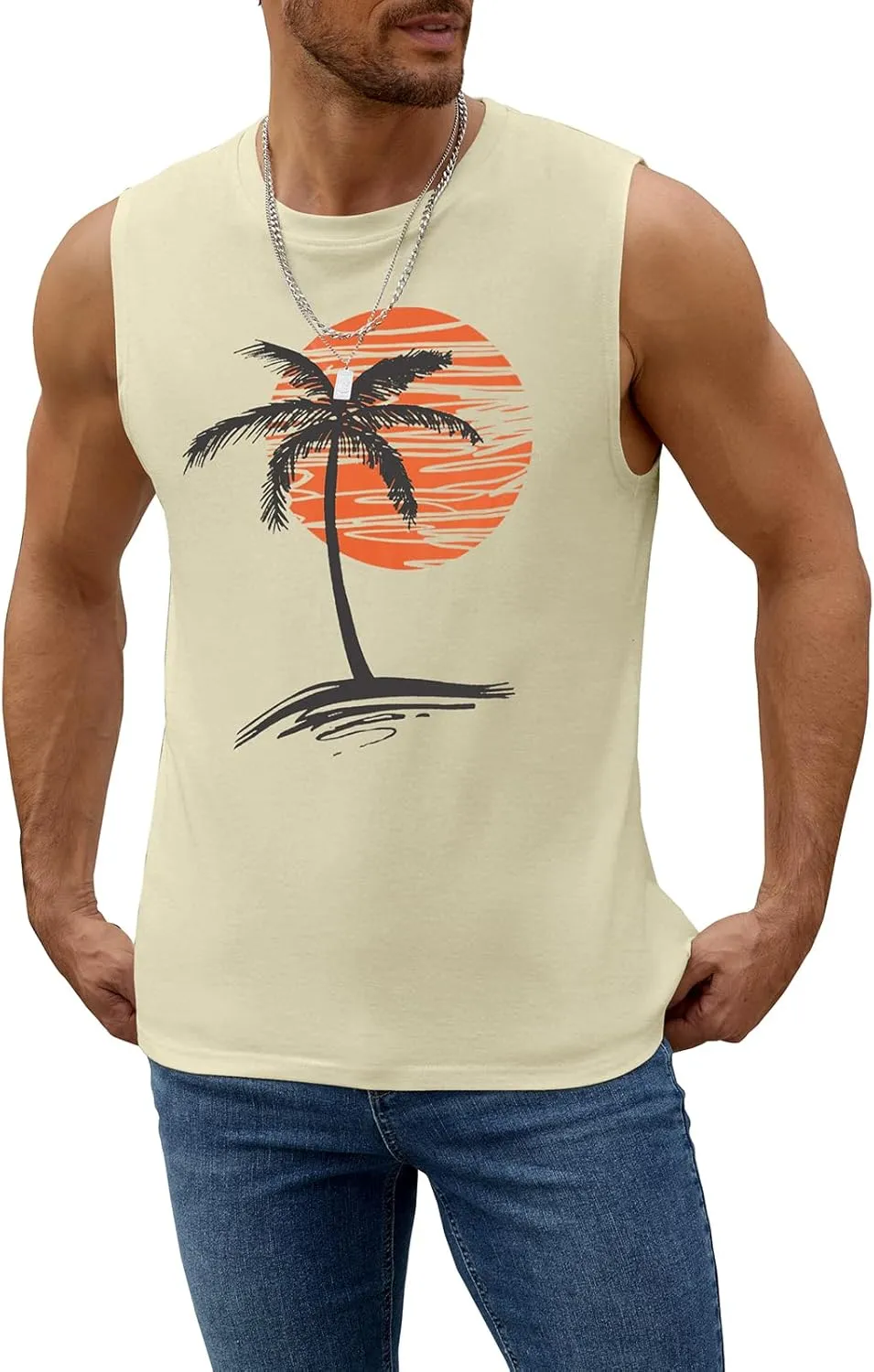 Mens Summer Beach Tank Top Tropical Hawaiian Palm Tree Print Sleeveless Shirts Muscle Tee Vacation Shirts