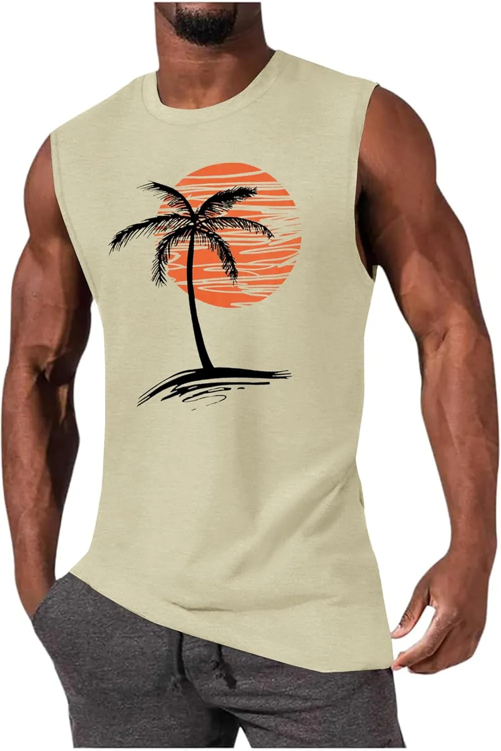 Mens Summer Beach Tank Top Tropical Hawaiian Palm Tree Print Sleeveless Shirts Muscle Tee Vacation Shirts