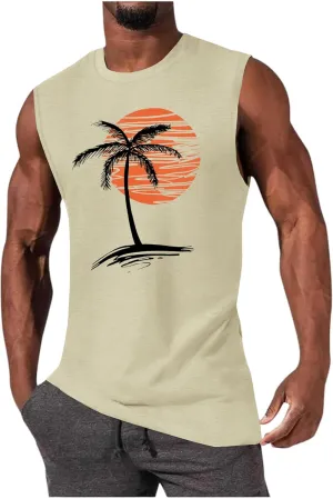 Mens Summer Beach Tank Top Tropical Hawaiian Palm Tree Print Sleeveless Shirts Muscle Tee Vacation Shirts