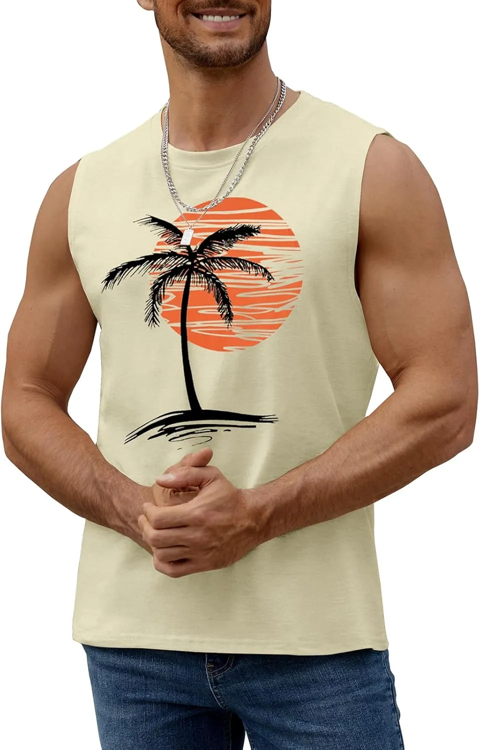 Mens Summer Beach Tank Top Tropical Hawaiian Palm Tree Print Sleeveless Shirts Muscle Tee Vacation Shirts