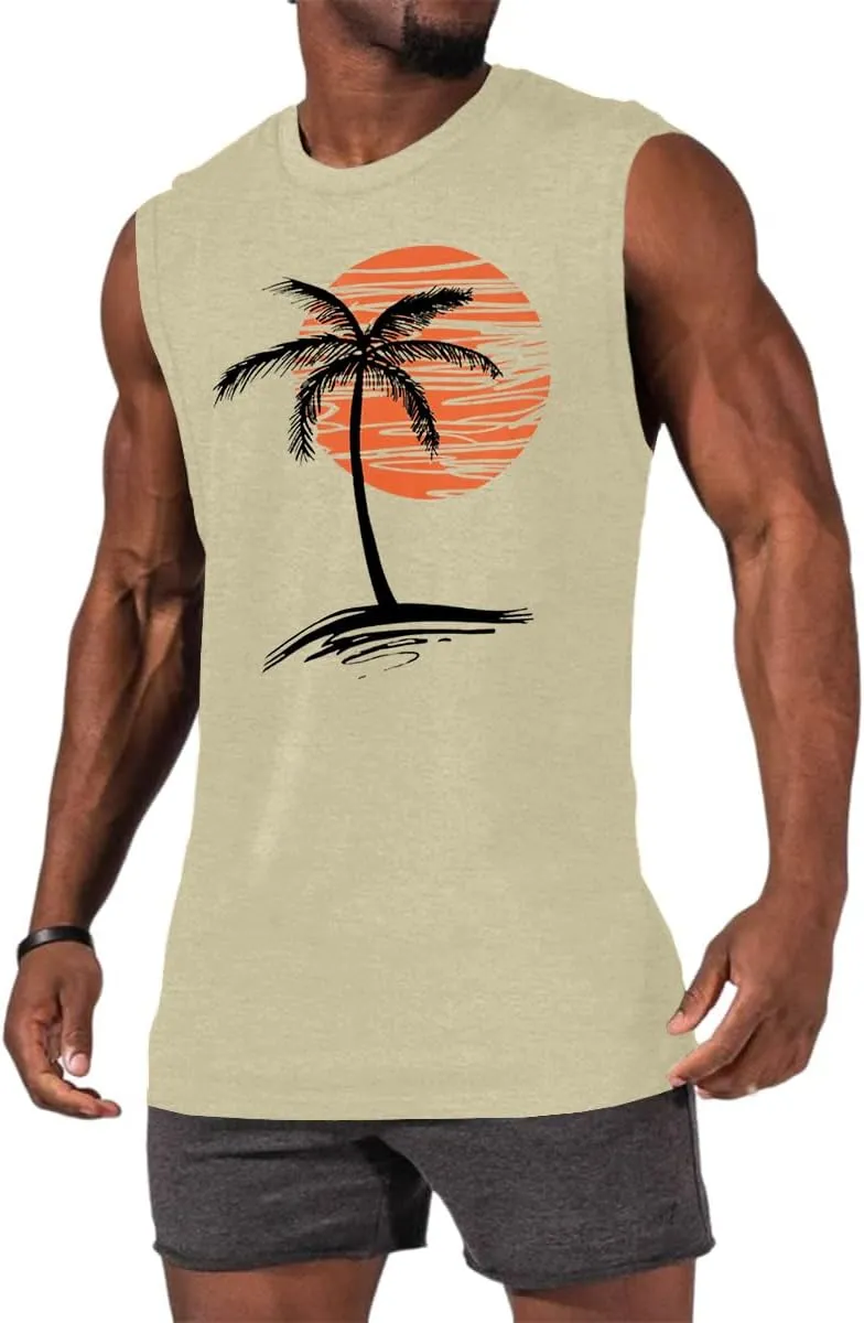 Mens Summer Beach Tank Top Tropical Hawaiian Palm Tree Print Sleeveless Shirts Muscle Tee Vacation Shirts
