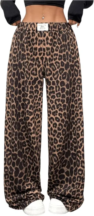 Milumia Women's Leopard Elastic Waist Sweatpants Straight Wide Leg Pant Trousers