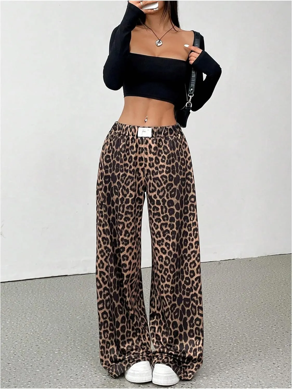 Milumia Women's Leopard Elastic Waist Sweatpants Straight Wide Leg Pant Trousers