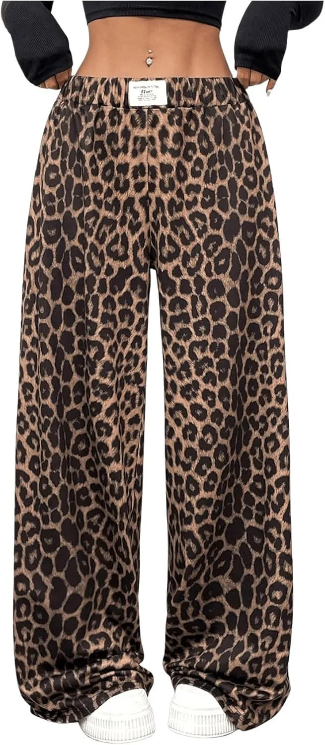 Milumia Women's Leopard Elastic Waist Sweatpants Straight Wide Leg Pant Trousers