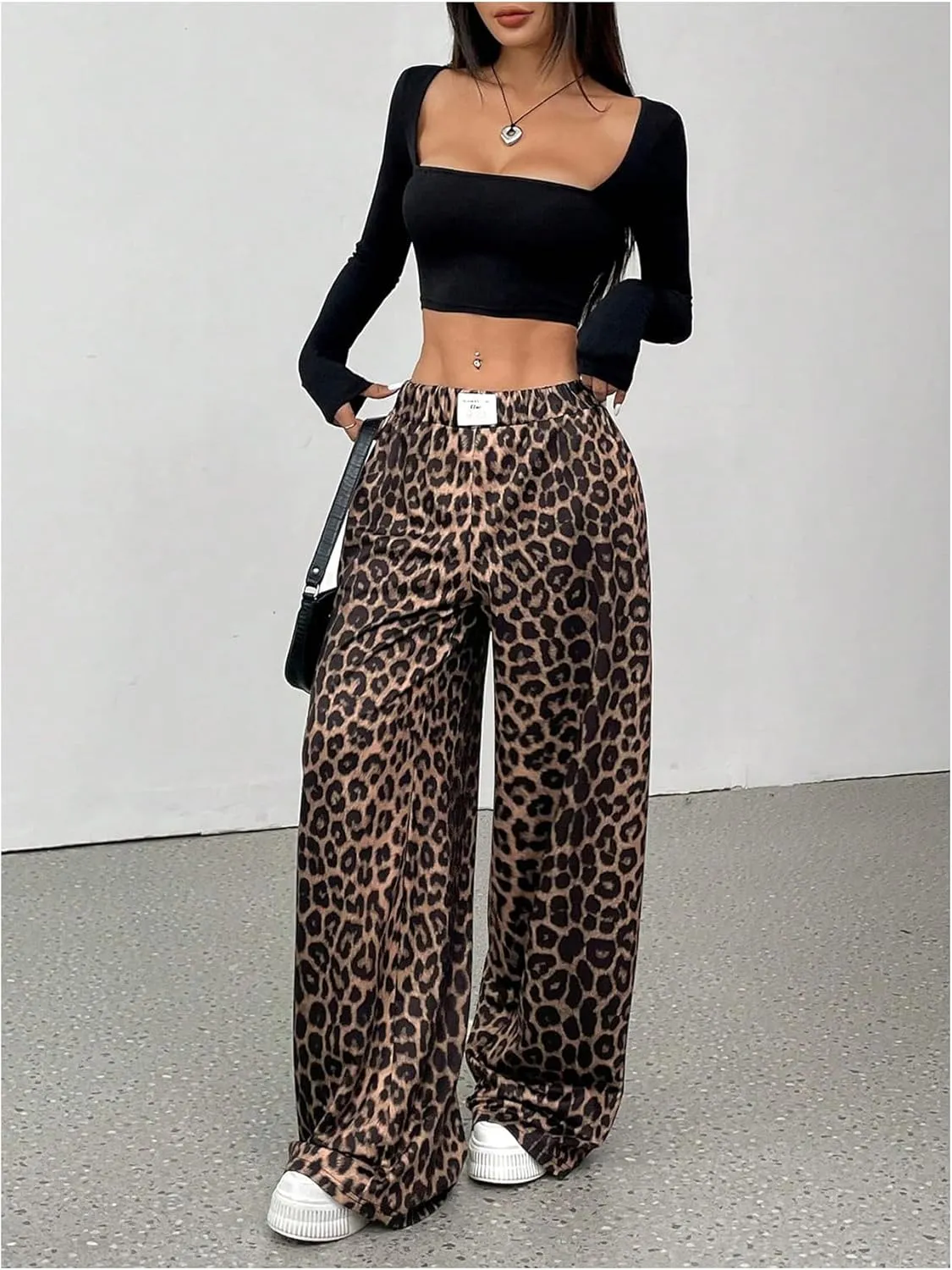 Milumia Women's Leopard Elastic Waist Sweatpants Straight Wide Leg Pant Trousers