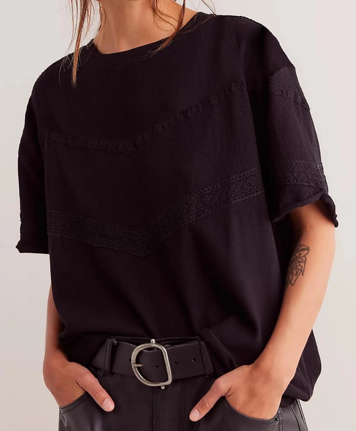 MISSACTIVER Women Oversized Tee Shirt Lace Patchwork Short Sleeve T-Shirt Loose Crew Neck Cotton Summer Tops Streetwear