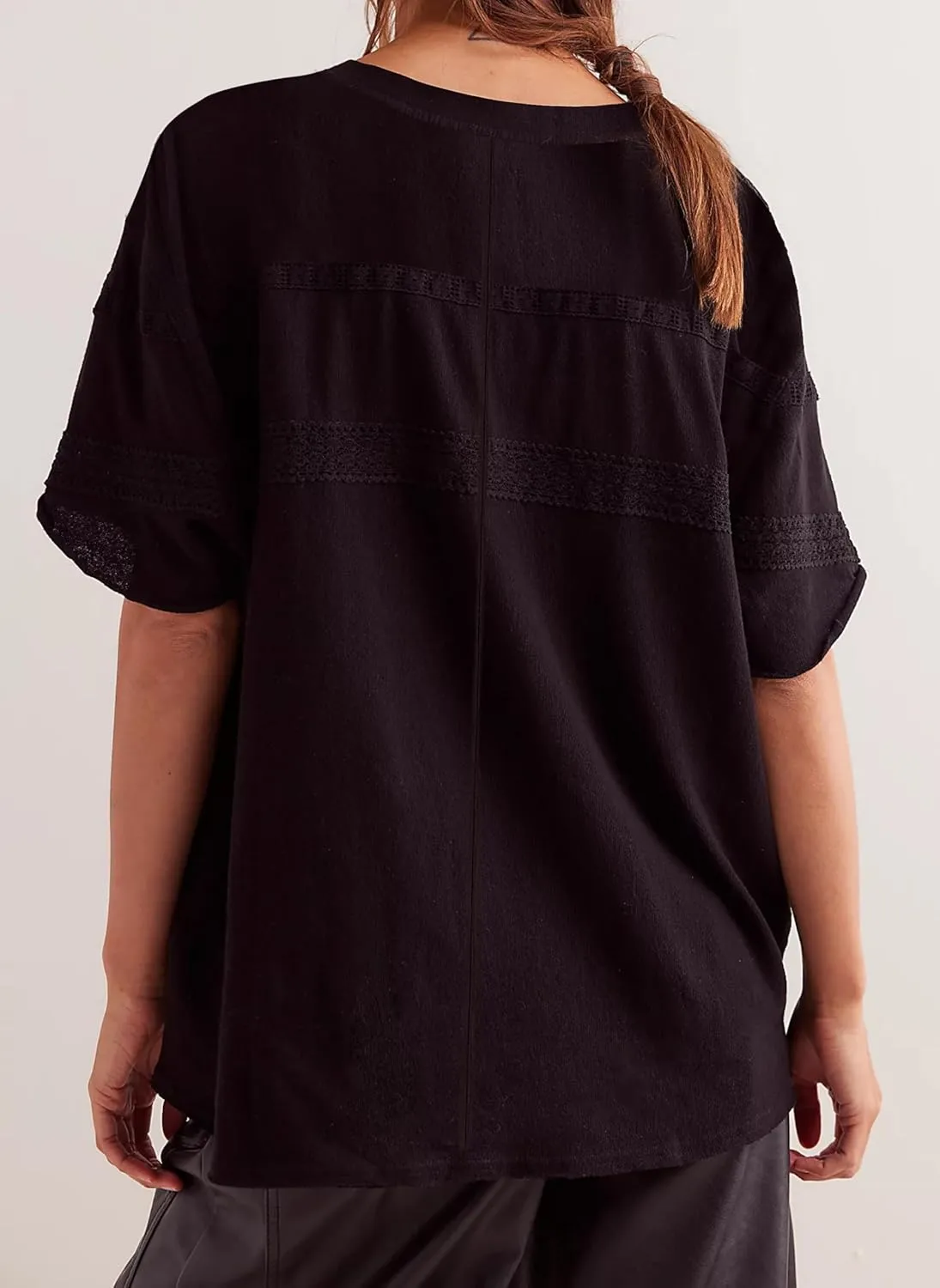 MISSACTIVER Women Oversized Tee Shirt Lace Patchwork Short Sleeve T-Shirt Loose Crew Neck Cotton Summer Tops Streetwear
