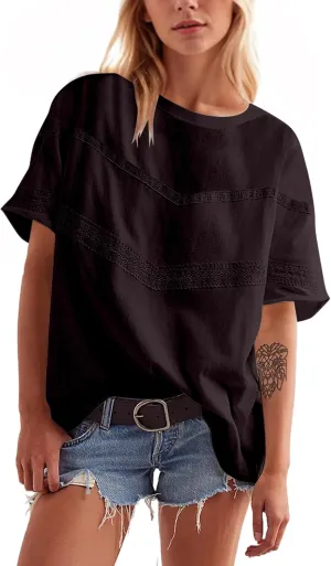 MISSACTIVER Women Oversized Tee Shirt Lace Patchwork Short Sleeve T-Shirt Loose Crew Neck Cotton Summer Tops Streetwear