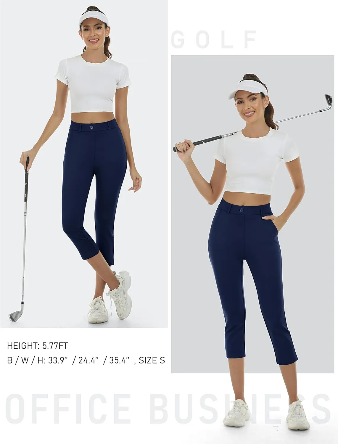 MoFiz Women's Golf Capri Pants Stretch Slim Business Casual Pants Straight Leg Yoga Dress Pants with Pockets Office Slacks