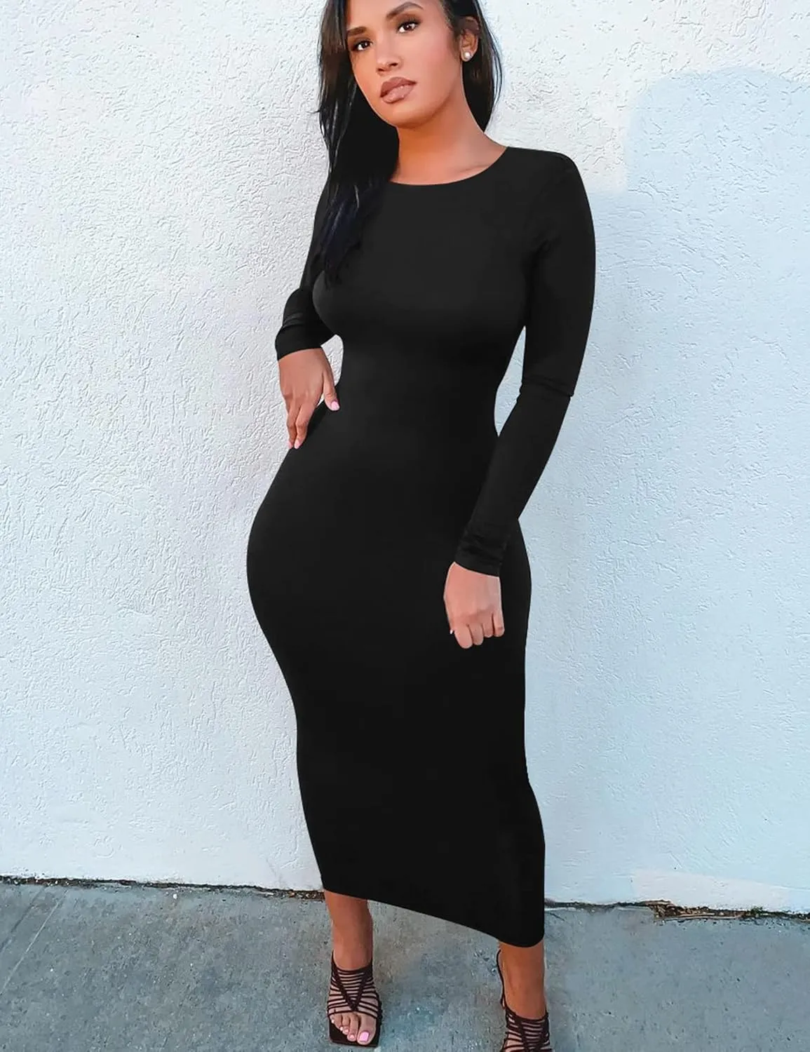 Mokoru Women's Casual Bodycon Long Sleeve Sexy Tight Club Party Midi Pencil Dresses
