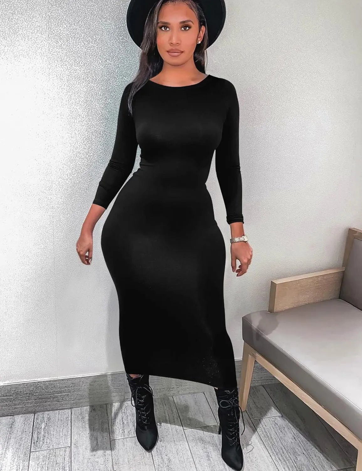 Mokoru Women's Casual Bodycon Long Sleeve Sexy Tight Club Party Midi Pencil Dresses