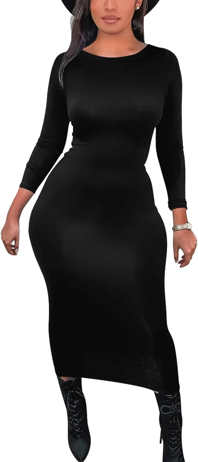 Mokoru Women's Casual Bodycon Long Sleeve Sexy Tight Club Party Midi Pencil Dresses