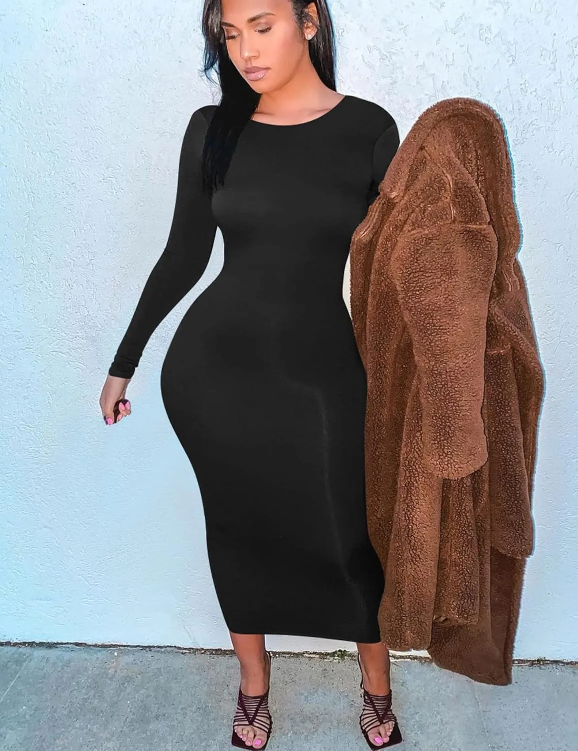 Mokoru Women's Casual Bodycon Long Sleeve Sexy Tight Club Party Midi Pencil Dresses