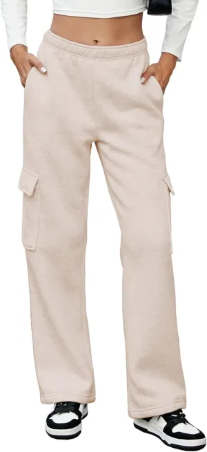 MOYEE Womens Fleece Cargo Sweatpants Casual Baggy High Waisted Joggers Pants with 4 Pockets