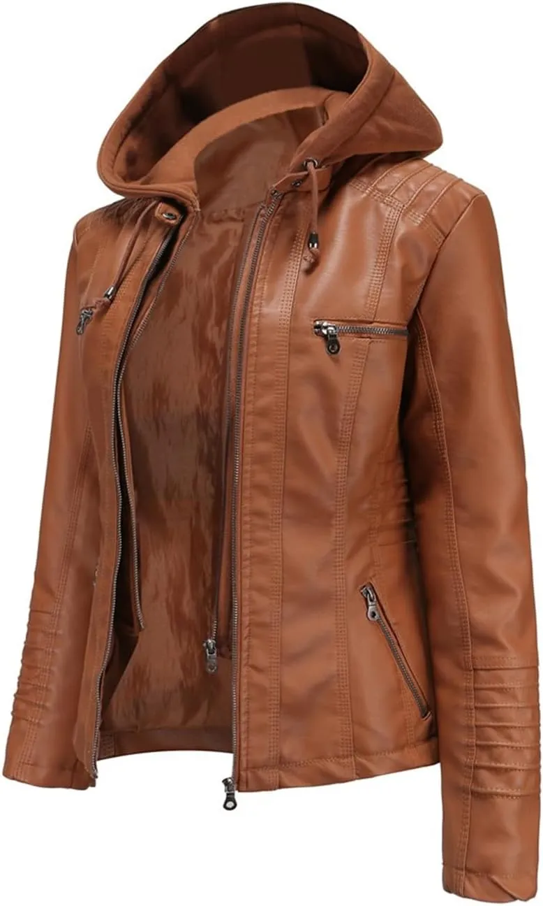 Niiyyjj Pu Faux Leather Jacket Women Moto Biker Leather Coat Hooded Jacket Oversize Casual Outerwear
