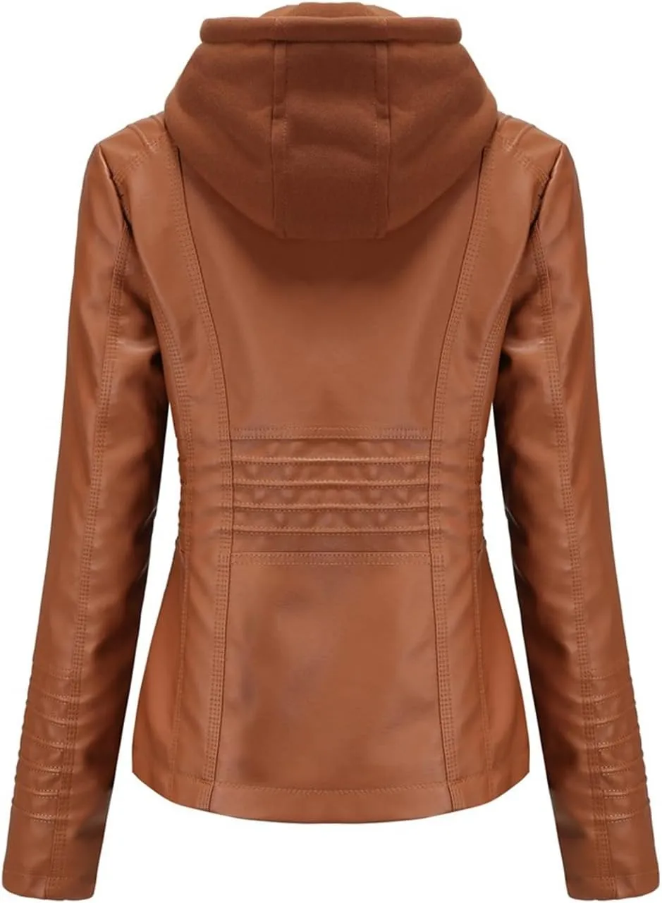 Niiyyjj Pu Faux Leather Jacket Women Moto Biker Leather Coat Hooded Jacket Oversize Casual Outerwear