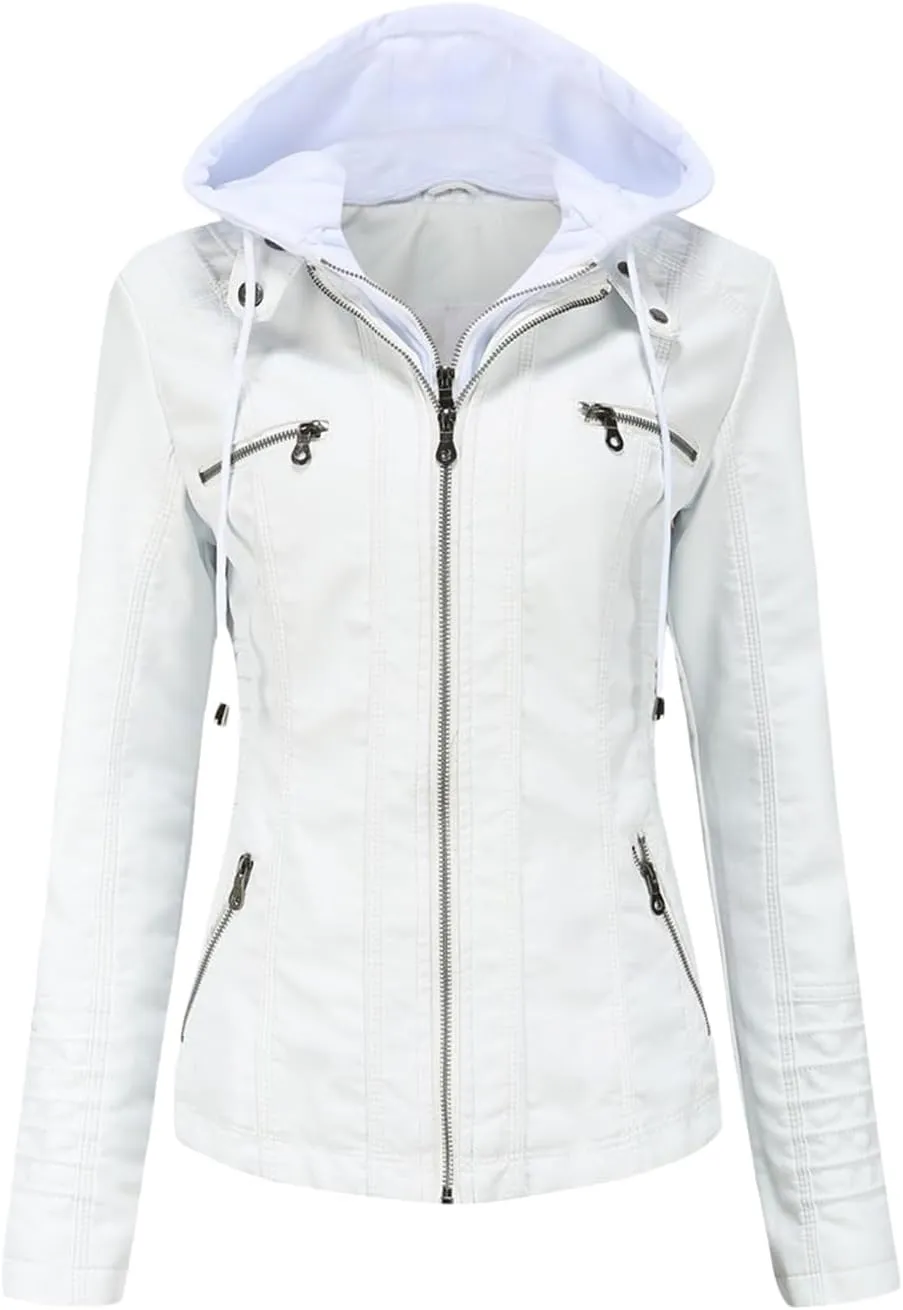 Niiyyjj Pu Faux Leather Jacket Women Moto Biker Leather Coat Hooded Jacket Oversize Casual Outerwear