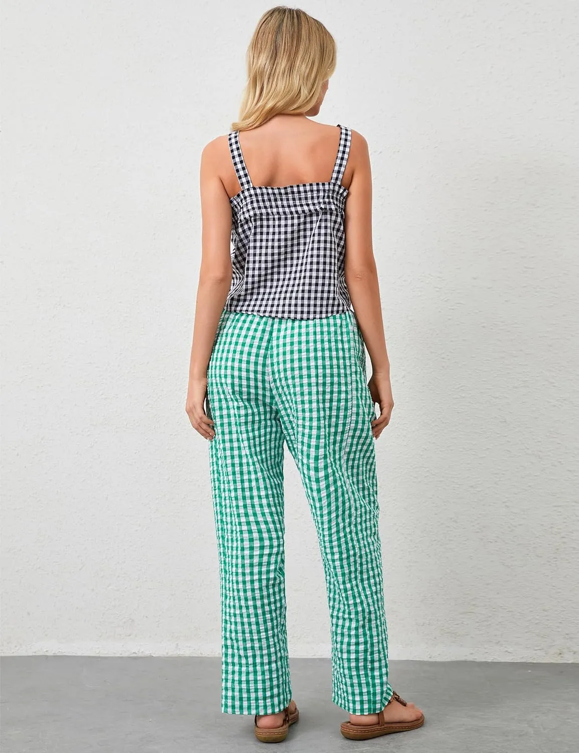 OLAPTA Women Plaid Print Gingham Comfy Lounge Pants Wide Leg Mid Rise Elastic Waist Loose Casual Long Trousers with Pockets