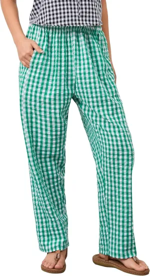 OLAPTA Women Plaid Print Gingham Comfy Lounge Pants Wide Leg Mid Rise Elastic Waist Loose Casual Long Trousers with Pockets