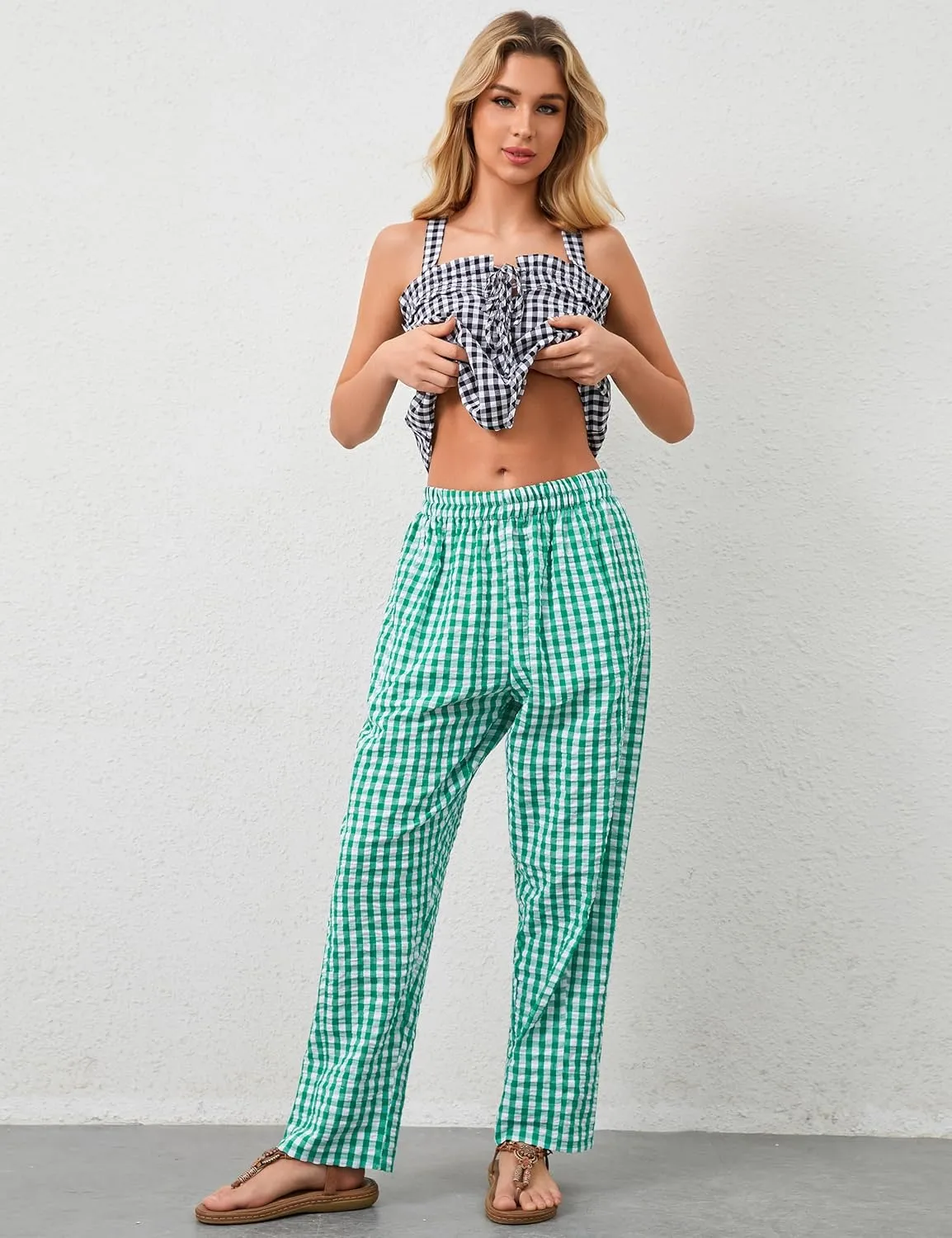 OLAPTA Women Plaid Print Gingham Comfy Lounge Pants Wide Leg Mid Rise Elastic Waist Loose Casual Long Trousers with Pockets