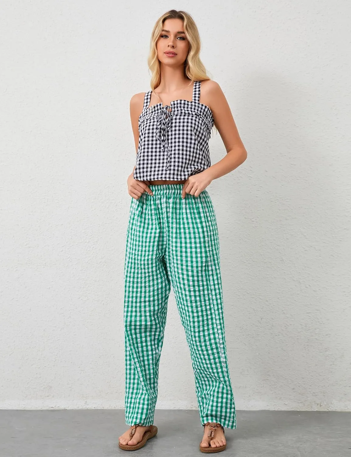 OLAPTA Women Plaid Print Gingham Comfy Lounge Pants Wide Leg Mid Rise Elastic Waist Loose Casual Long Trousers with Pockets