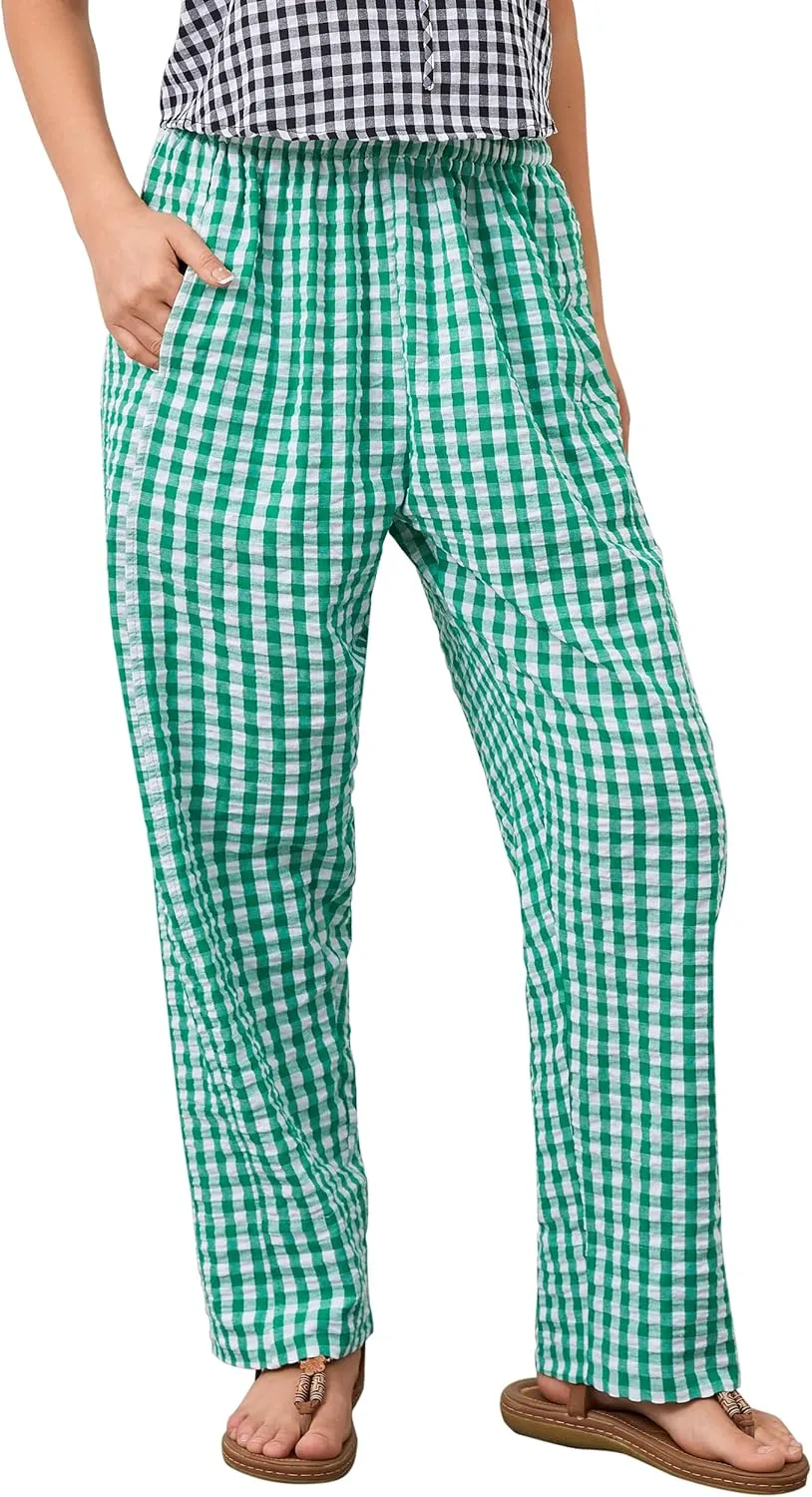 OLAPTA Women Plaid Print Gingham Comfy Lounge Pants Wide Leg Mid Rise Elastic Waist Loose Casual Long Trousers with Pockets