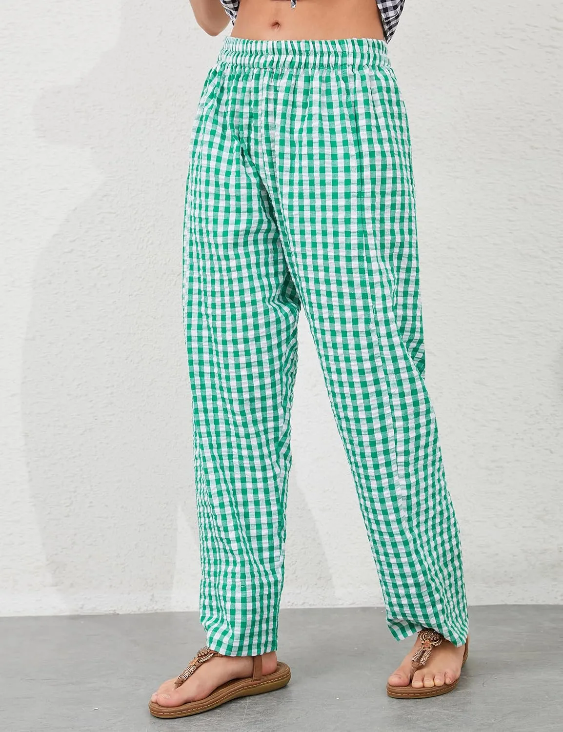 OLAPTA Women Plaid Print Gingham Comfy Lounge Pants Wide Leg Mid Rise Elastic Waist Loose Casual Long Trousers with Pockets