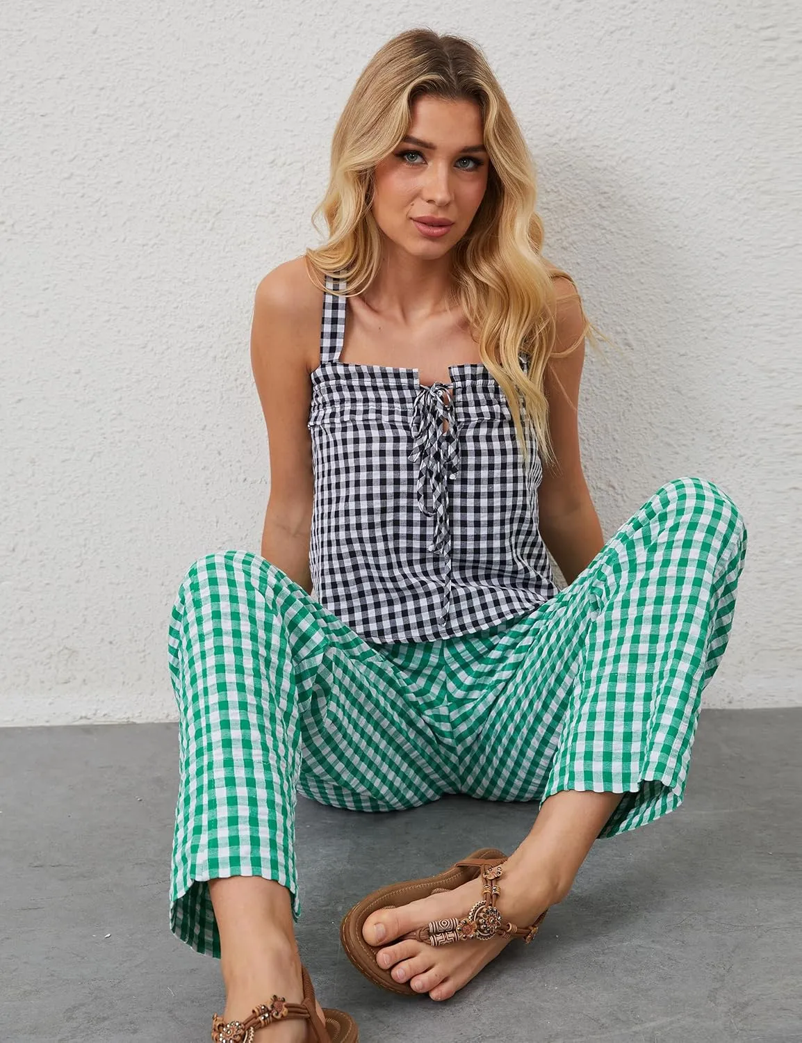 OLAPTA Women Plaid Print Gingham Comfy Lounge Pants Wide Leg Mid Rise Elastic Waist Loose Casual Long Trousers with Pockets