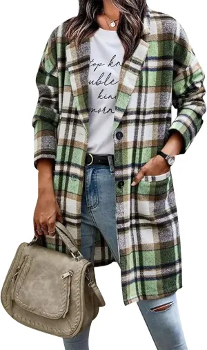 OMZIN Women's Casual Button Wool Blend Winter Tartan Trench Coat Plaid Baggy Jacket with Pockets