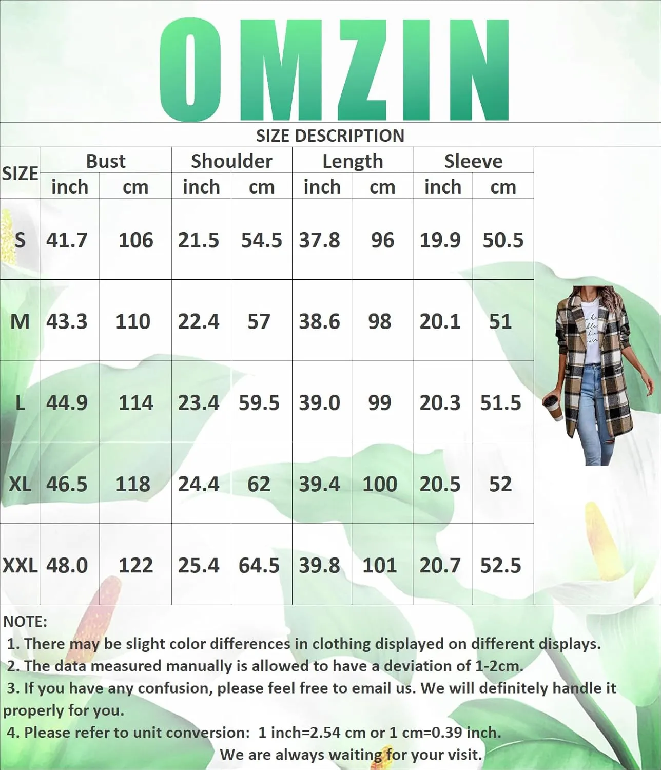OMZIN Women's Casual Button Wool Blend Winter Tartan Trench Coat Plaid Baggy Jacket with Pockets