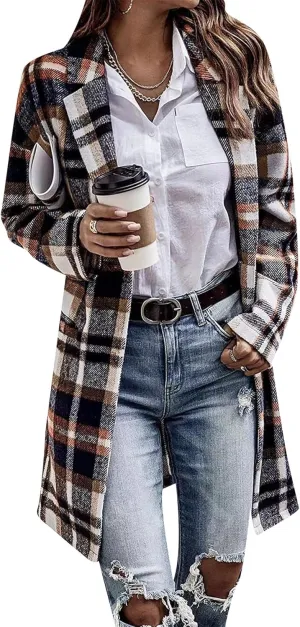 OMZIN Women's Casual Button Wool Blend Winter Tartan Trench Coat Plaid Baggy Jacket with Pockets