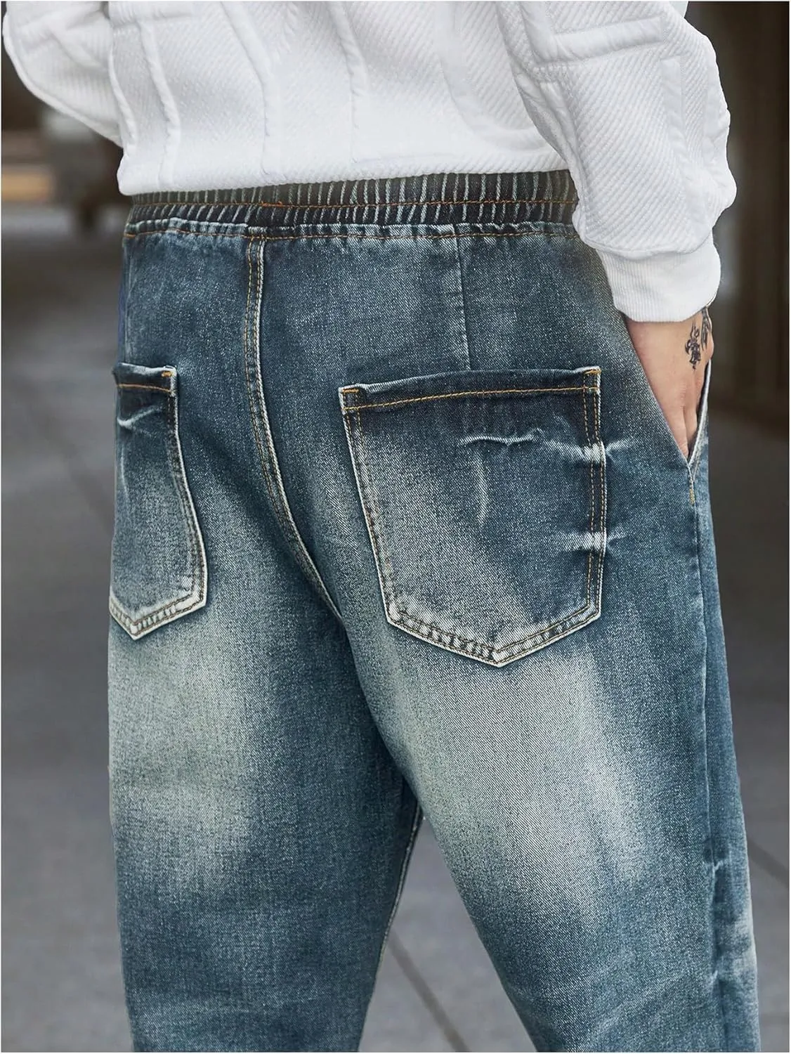 OYOANGLE Men's Jeans Jogger Pants Elastic Drawstring Waist Tapered Denim Trousers with Pocket