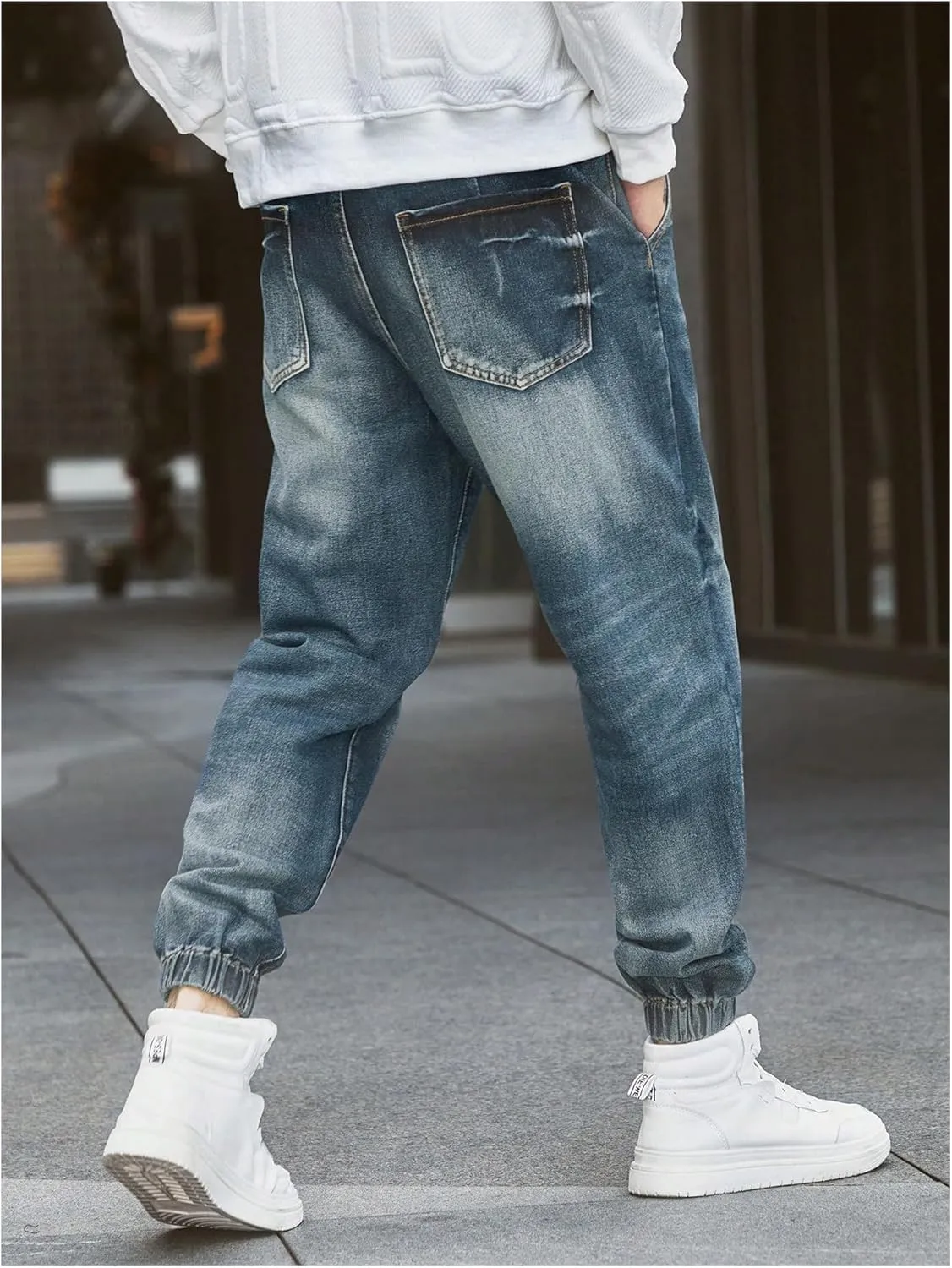 OYOANGLE Men's Jeans Jogger Pants Elastic Drawstring Waist Tapered Denim Trousers with Pocket