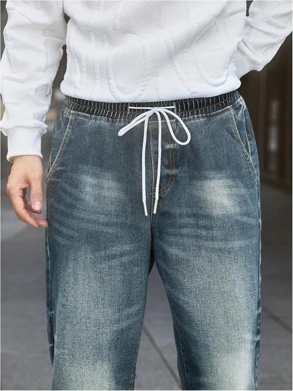 OYOANGLE Men's Jeans Jogger Pants Elastic Drawstring Waist Tapered Denim Trousers with Pocket