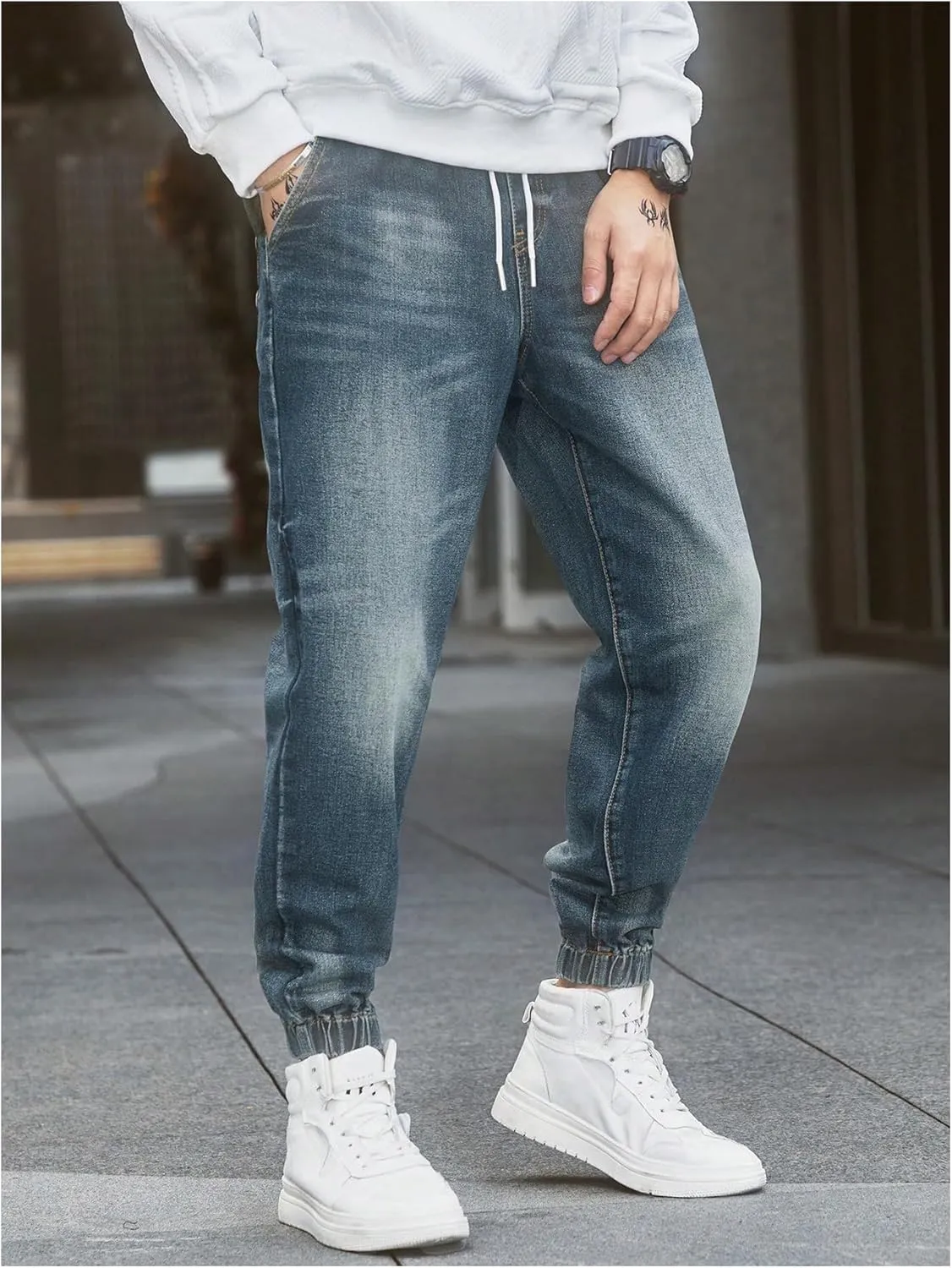 OYOANGLE Men's Jeans Jogger Pants Elastic Drawstring Waist Tapered Denim Trousers with Pocket