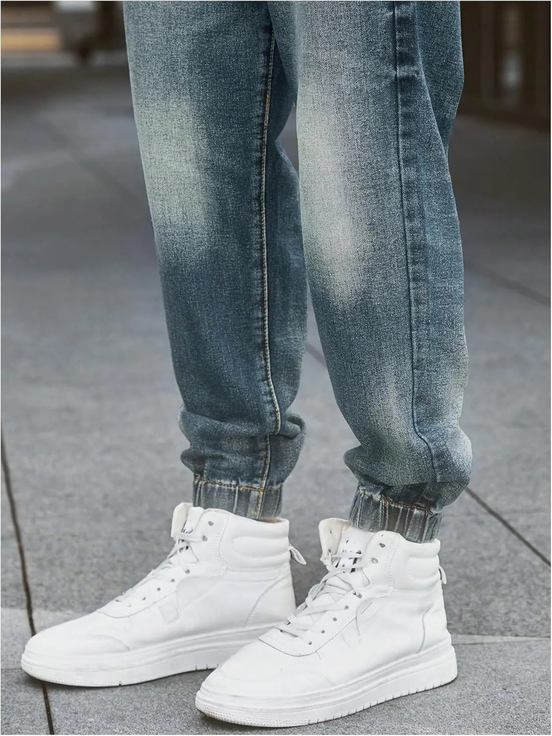 OYOANGLE Men's Jeans Jogger Pants Elastic Drawstring Waist Tapered Denim Trousers with Pocket