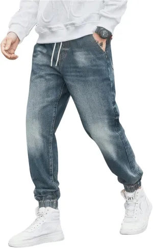 OYOANGLE Men's Jeans Jogger Pants Elastic Drawstring Waist Tapered Denim Trousers with Pocket